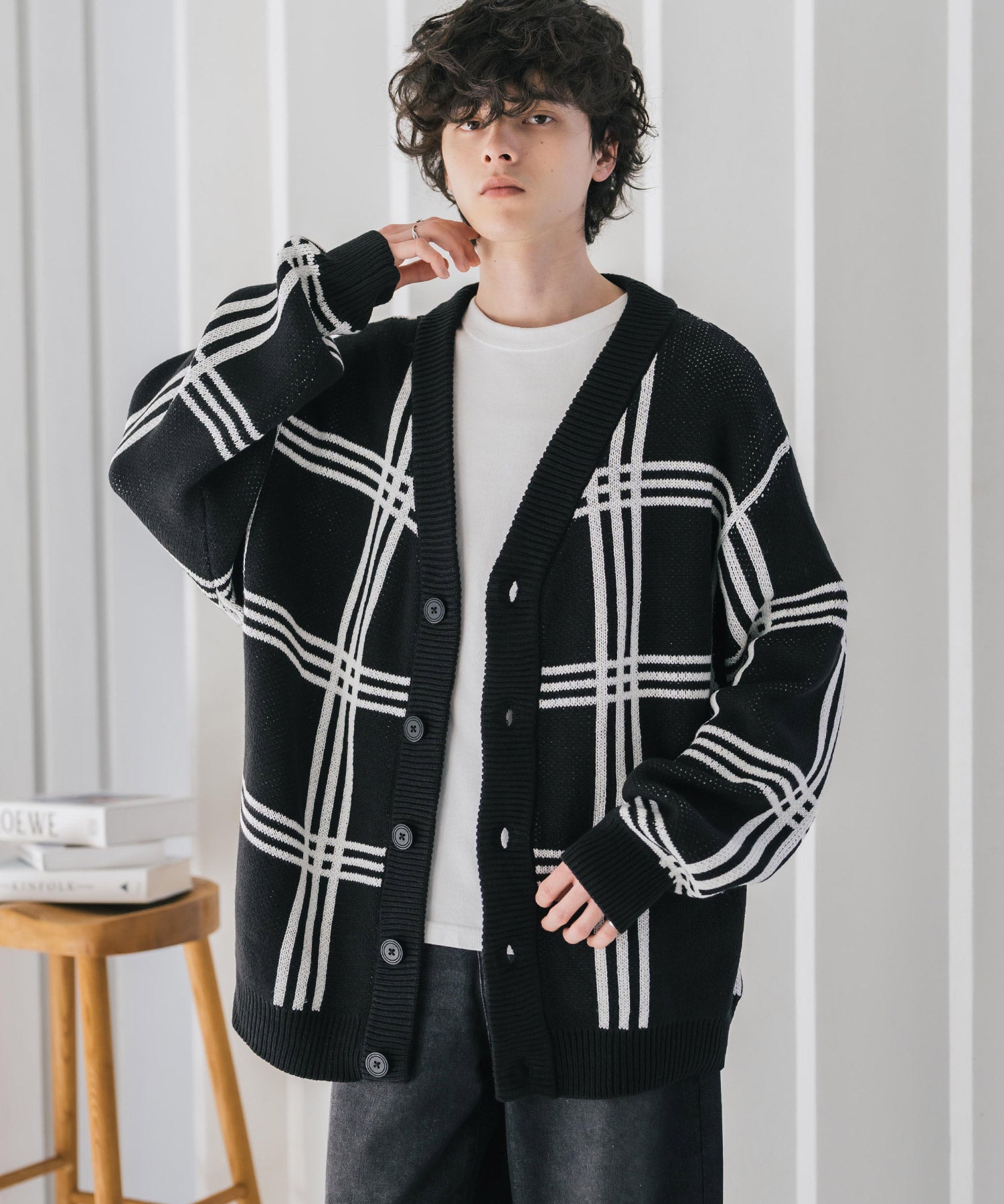 オーバーサイズ総柄Vネックボリュームニットカーディガン アーガイル柄 チェック柄 15484