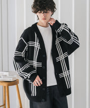 オーバーサイズ総柄Vネックボリュームニットカーディガン アーガイル柄 チェック柄 15484