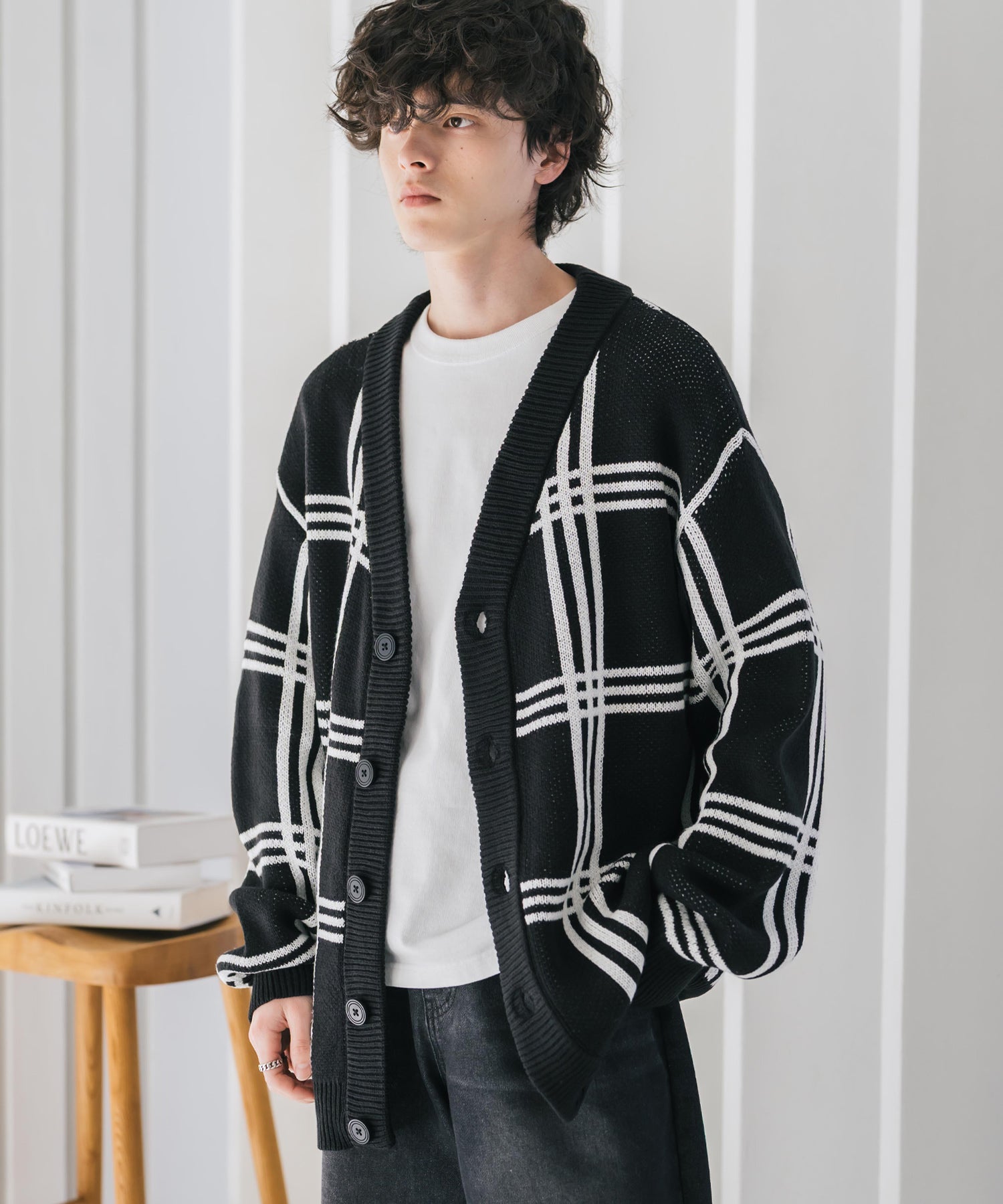 オーバーサイズ総柄Vネックボリュームニットカーディガン アーガイル柄 チェック柄 15484