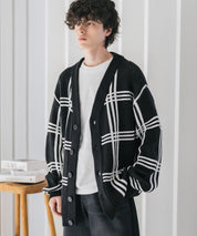 オーバーサイズ総柄Vネックボリュームニットカーディガン アーガイル柄 チェック柄 15484