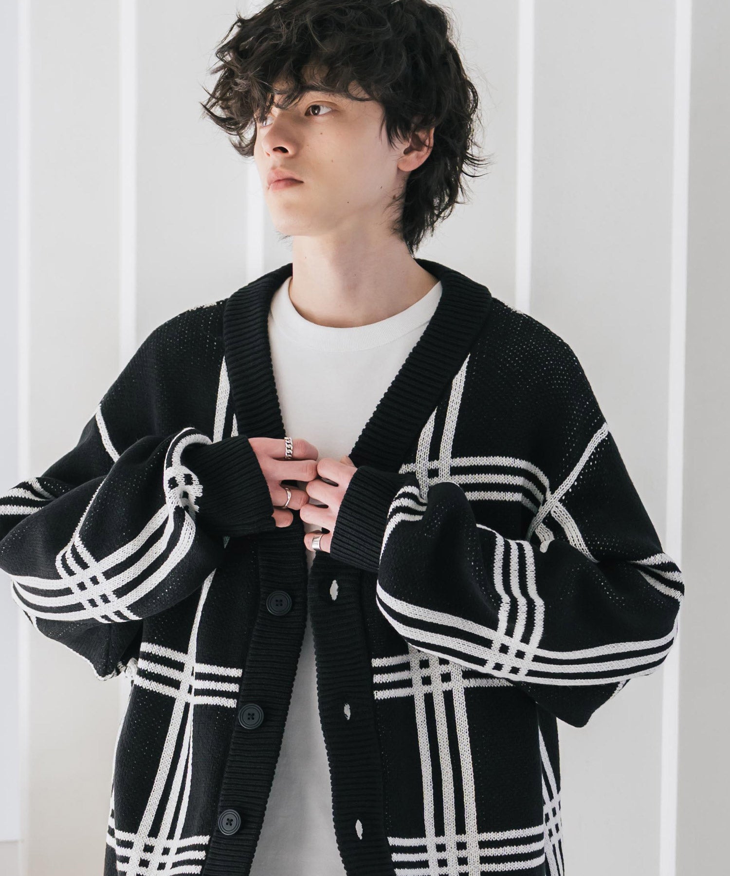 オーバーサイズ総柄Vネックボリュームニットカーディガン アーガイル柄 チェック柄 15484