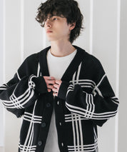 オーバーサイズ総柄Vネックボリュームニットカーディガン アーガイル柄 チェック柄 15484