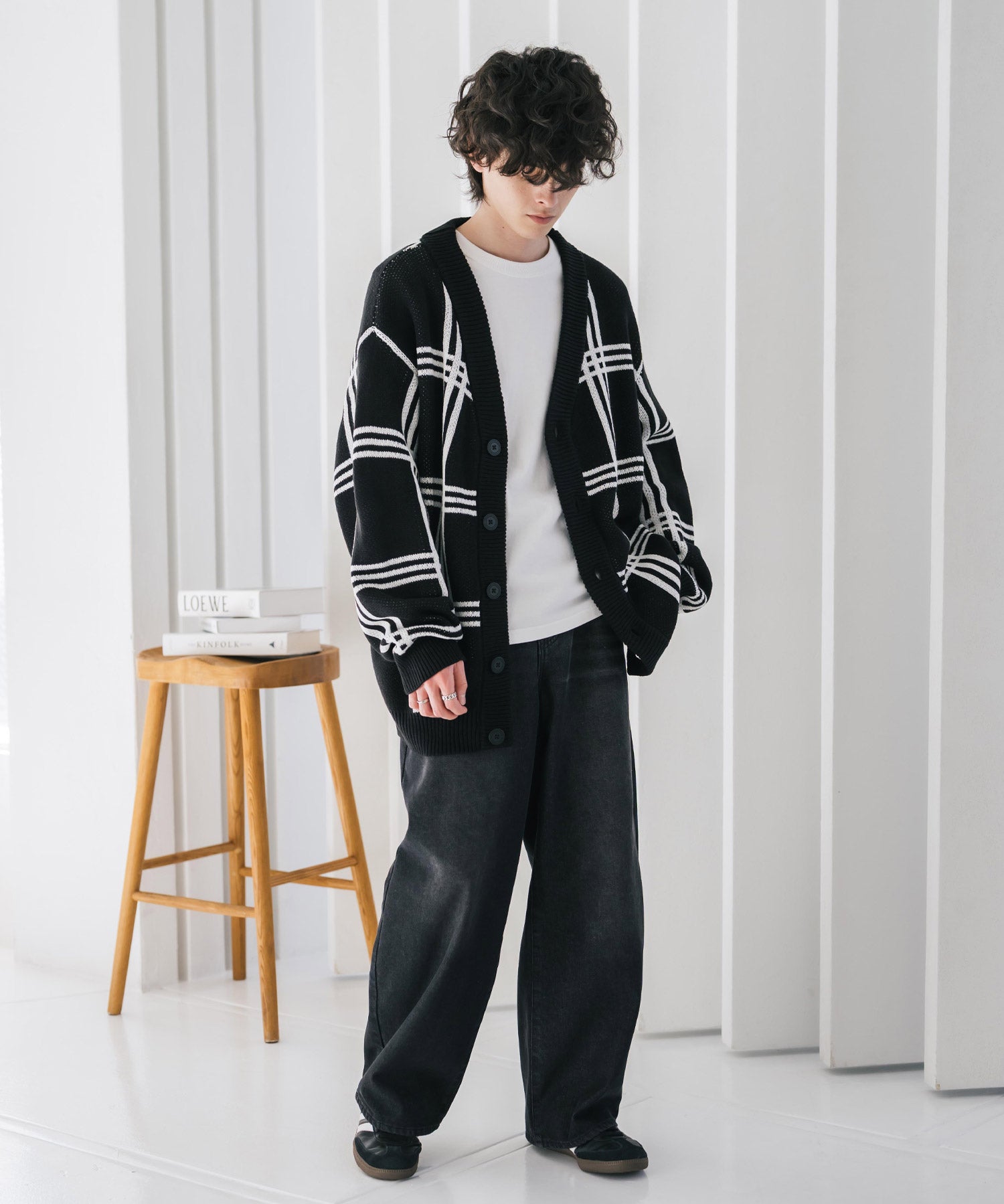 オーバーサイズ総柄Vネックボリュームニットカーディガン アーガイル柄 チェック柄 15484