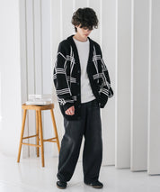 オーバーサイズ総柄Vネックボリュームニットカーディガン アーガイル柄 チェック柄 15484