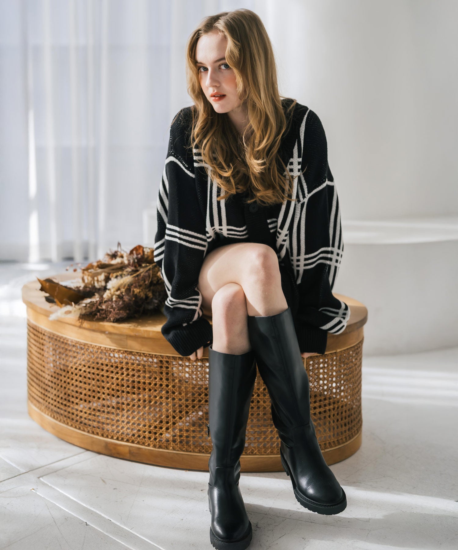 オーバーサイズ総柄Vネックボリュームニットカーディガン アーガイル柄 チェック柄 15484