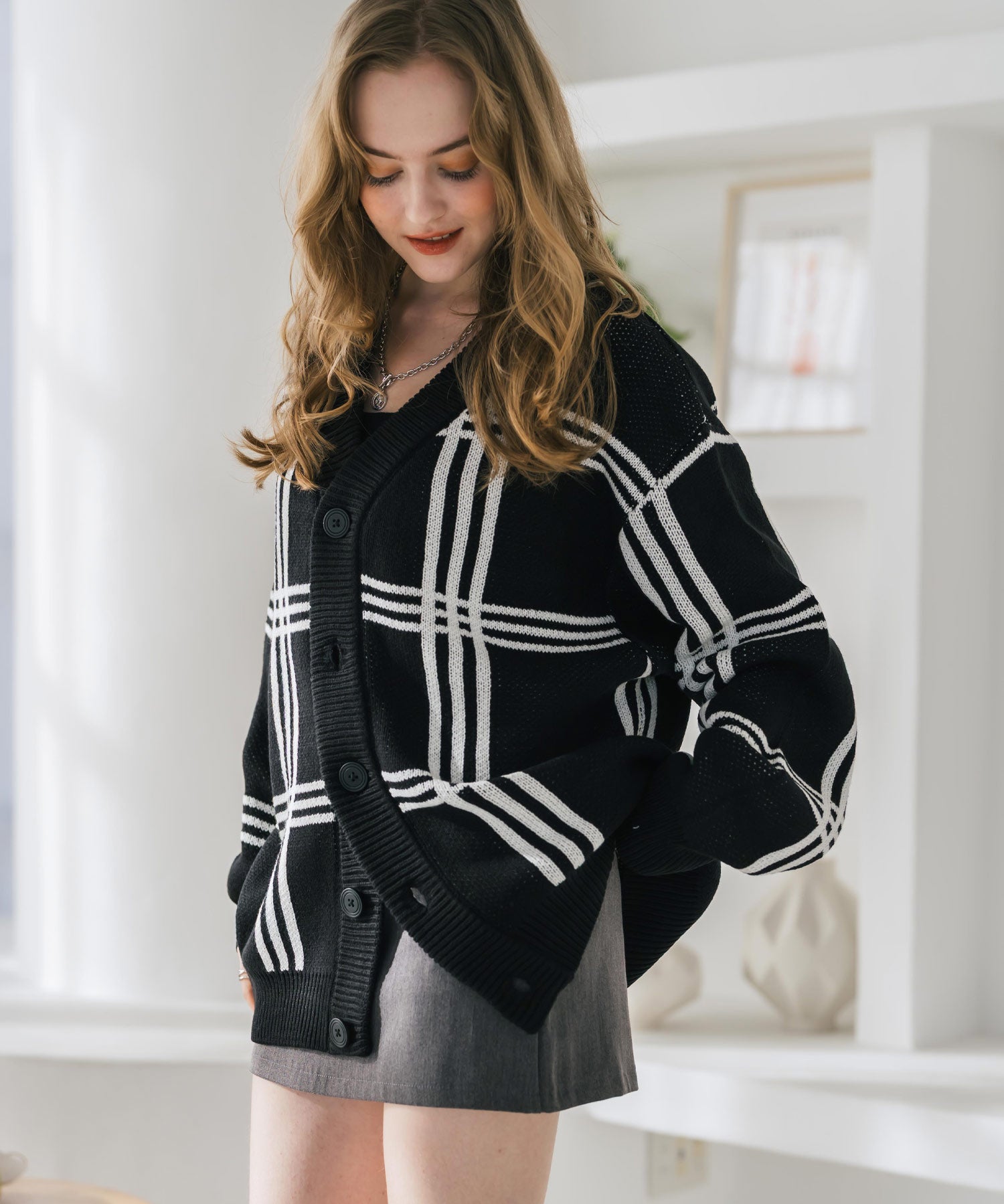 オーバーサイズ総柄Vネックボリュームニットカーディガン アーガイル柄 チェック柄 15484