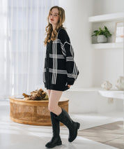 オーバーサイズ総柄Vネックボリュームニットカーディガン アーガイル柄 チェック柄 15484