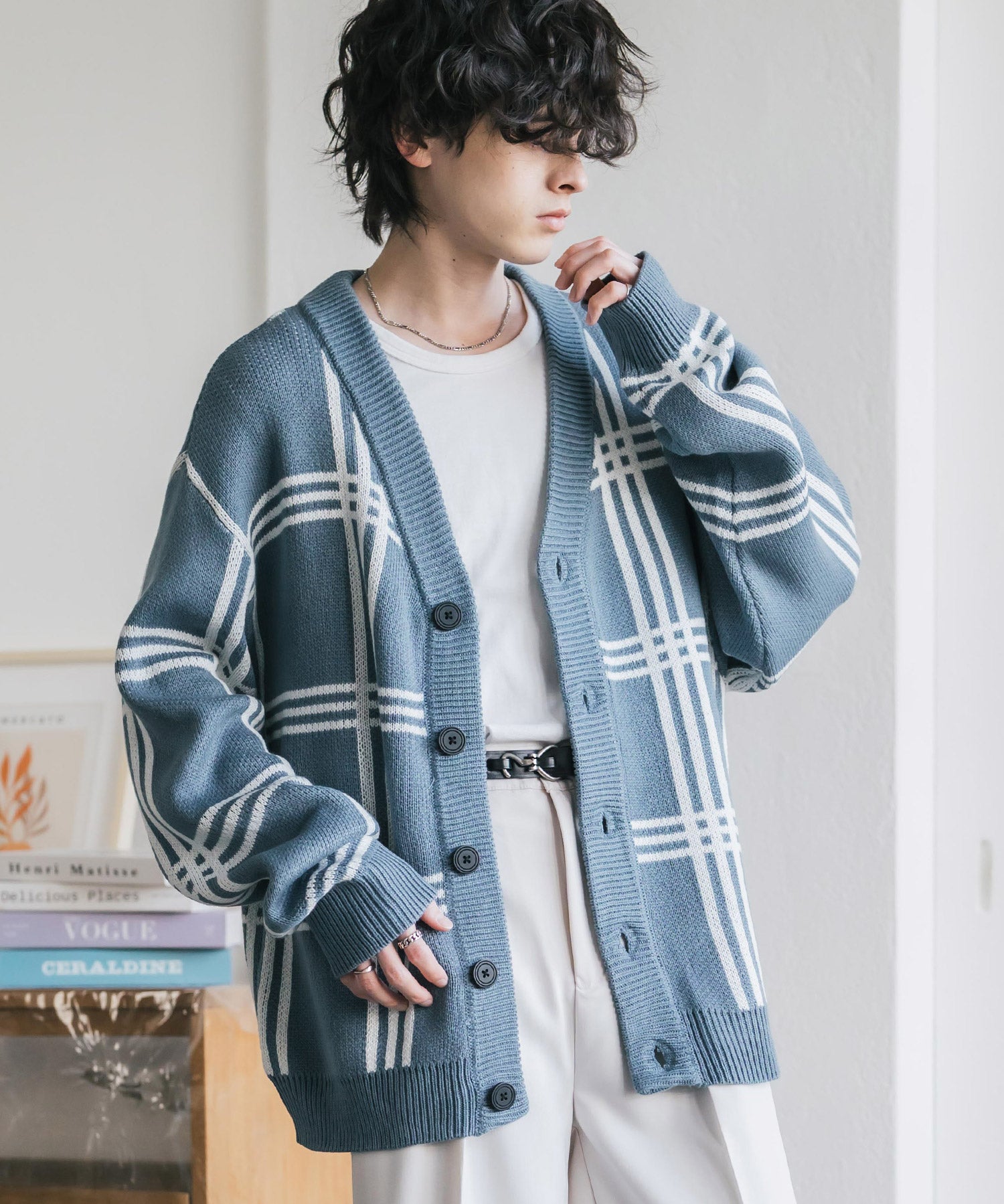 オーバーサイズ総柄Vネックボリュームニットカーディガン アーガイル柄 チェック柄 15484