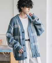 オーバーサイズ総柄Vネックボリュームニットカーディガン アーガイル柄 チェック柄 15484