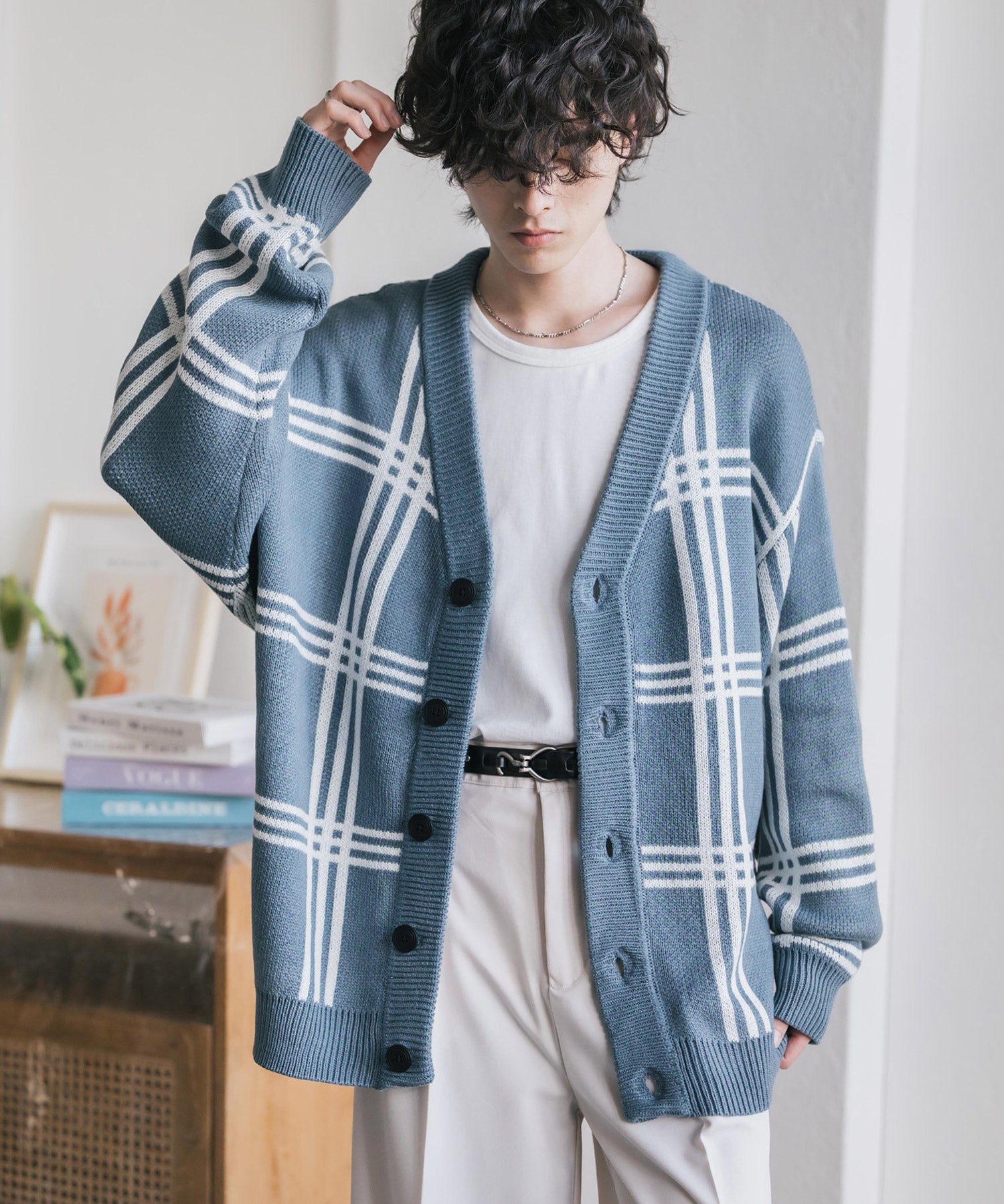 オーバーサイズ総柄Vネックボリュームニットカーディガン アーガイル柄 チェック柄 15484