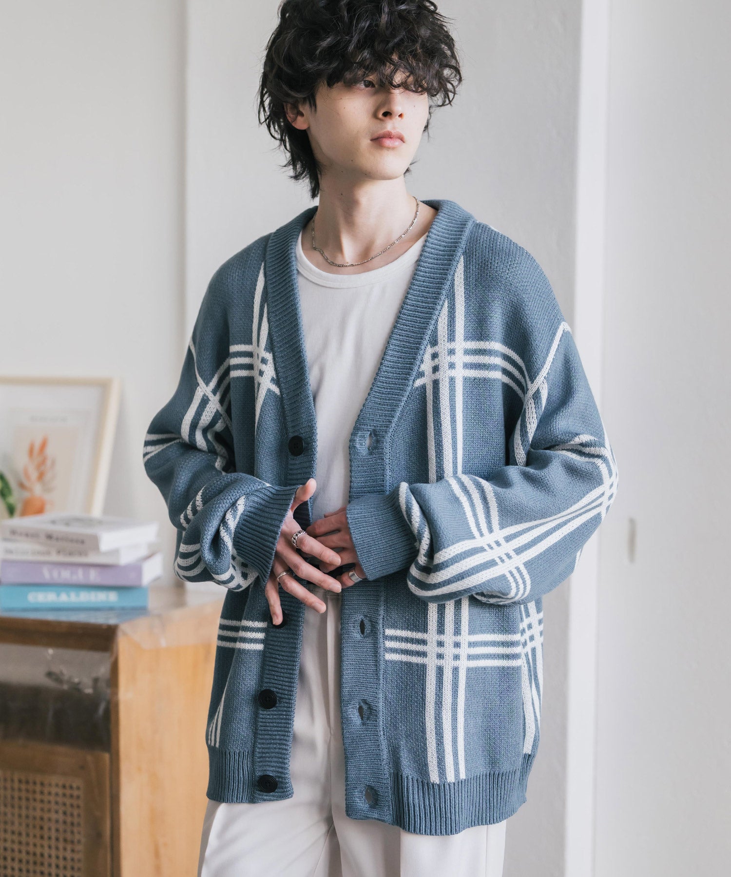 オーバーサイズ総柄Vネックボリュームニットカーディガン アーガイル柄 チェック柄 15484