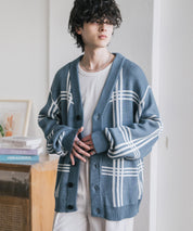 オーバーサイズ総柄Vネックボリュームニットカーディガン アーガイル柄 チェック柄 15484