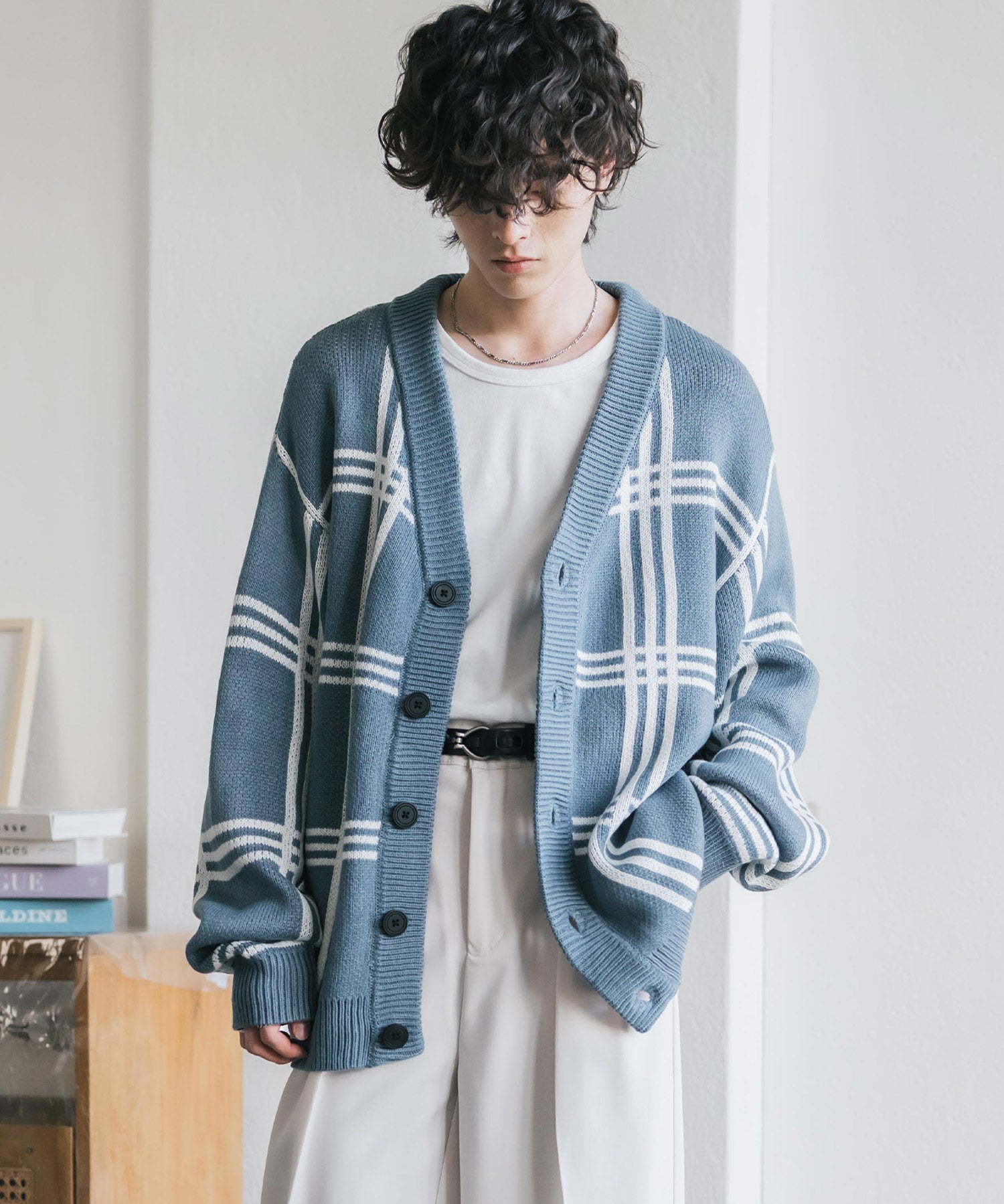 オーバーサイズ総柄Vネックボリュームニットカーディガン アーガイル柄 チェック柄 15484