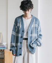 オーバーサイズ総柄Vネックボリュームニットカーディガン アーガイル柄 チェック柄 15484