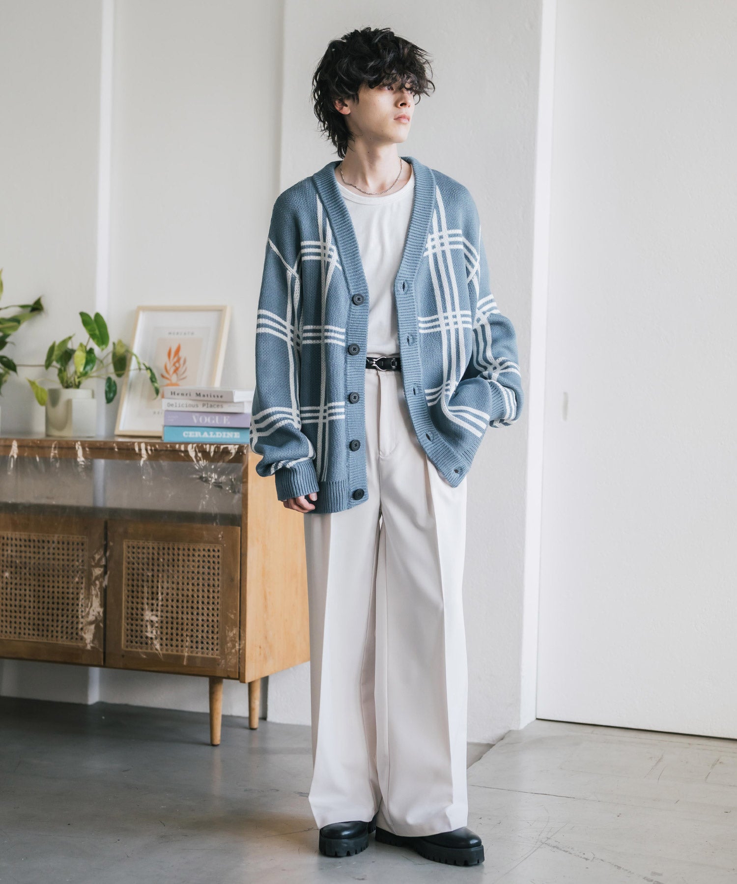 オーバーサイズ総柄Vネックボリュームニットカーディガン アーガイル柄 チェック柄 15484