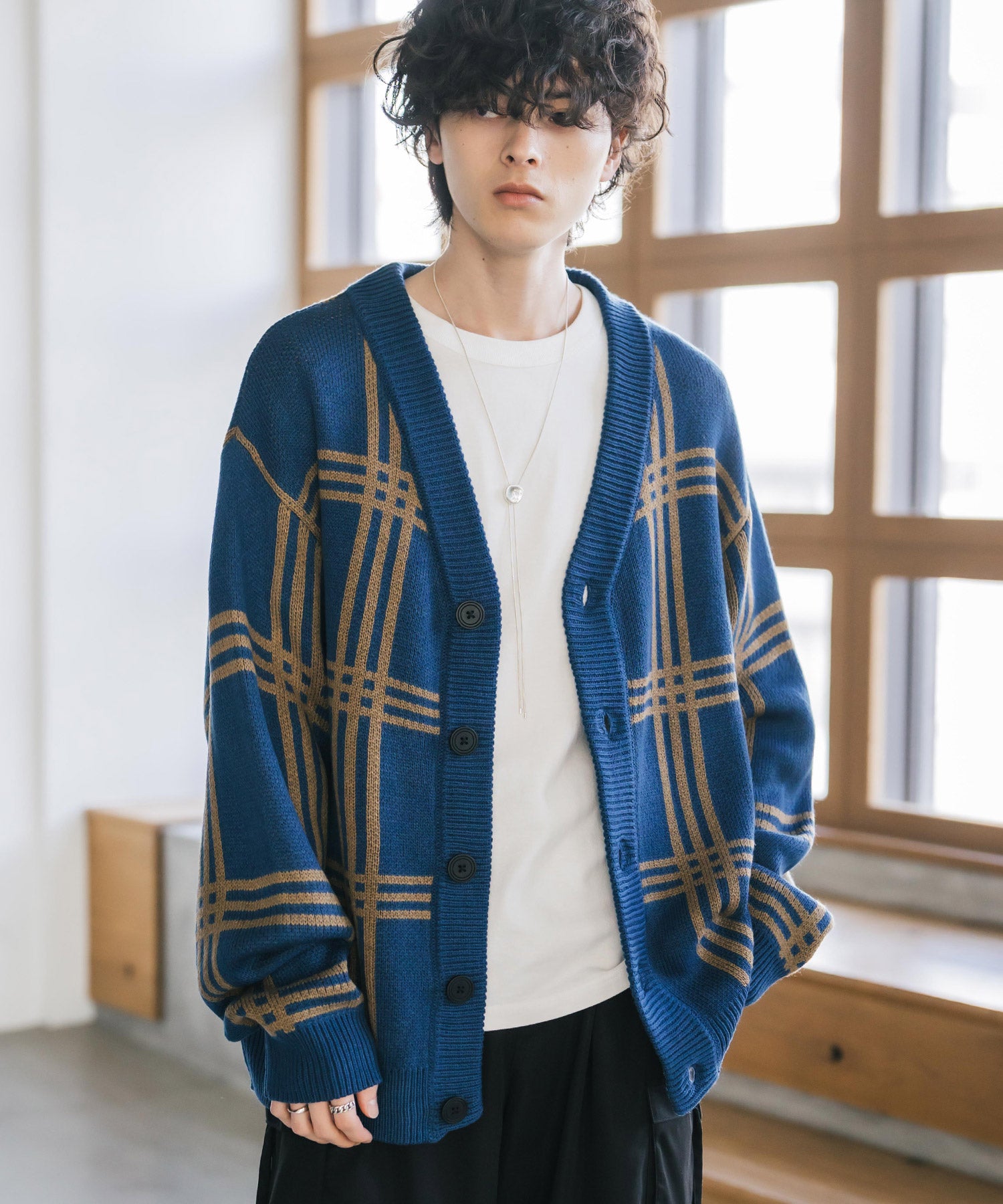 オーバーサイズ総柄Vネックボリュームニットカーディガン アーガイル柄 チェック柄 15484