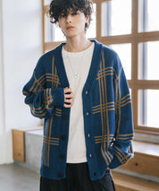 オーバーサイズ総柄Vネックボリュームニットカーディガン アーガイル柄 チェック柄 15484