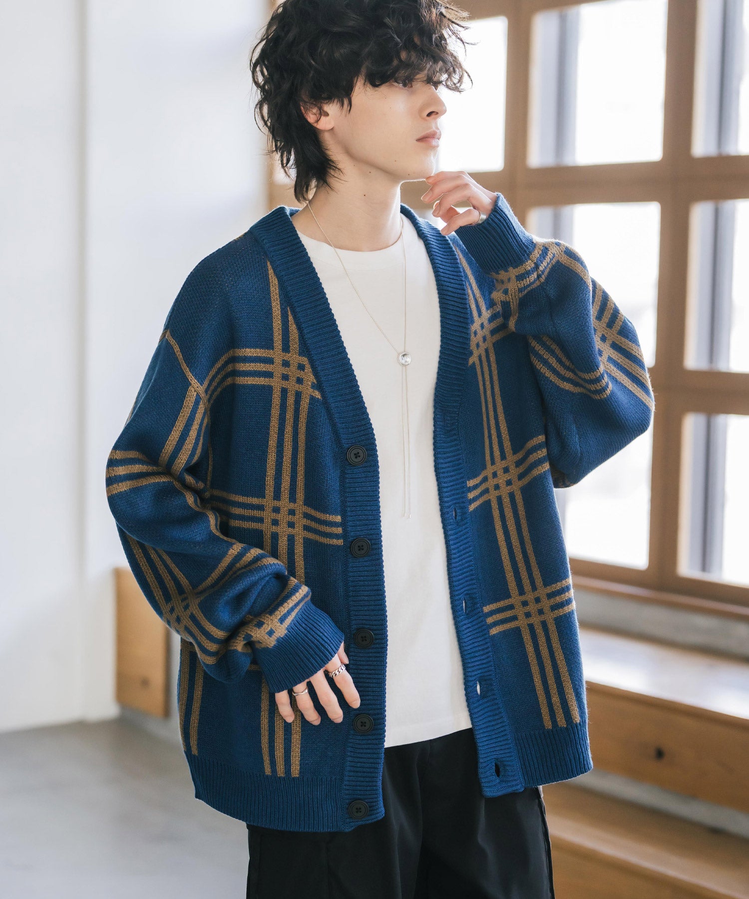 オーバーサイズ総柄Vネックボリュームニットカーディガン アーガイル柄 チェック柄 15484