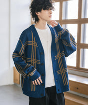 オーバーサイズ総柄Vネックボリュームニットカーディガン アーガイル柄 チェック柄 15484