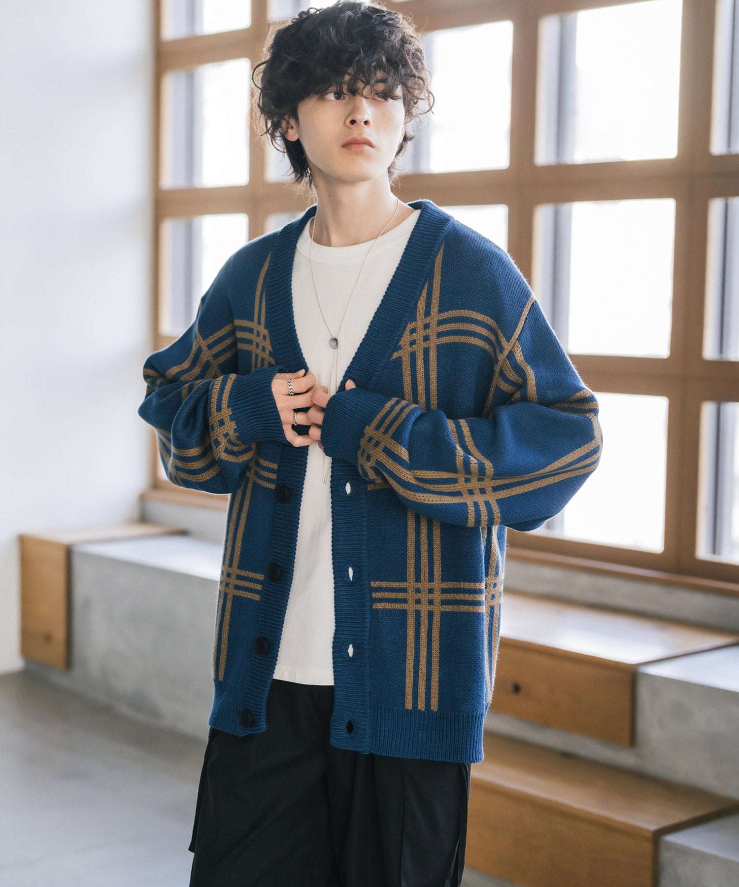 オーバーサイズ総柄Vネックボリュームニットカーディガン アーガイル柄 チェック柄 15484