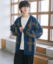 オーバーサイズ総柄Vネックボリュームニットカーディガン アーガイル柄 チェック柄 15484