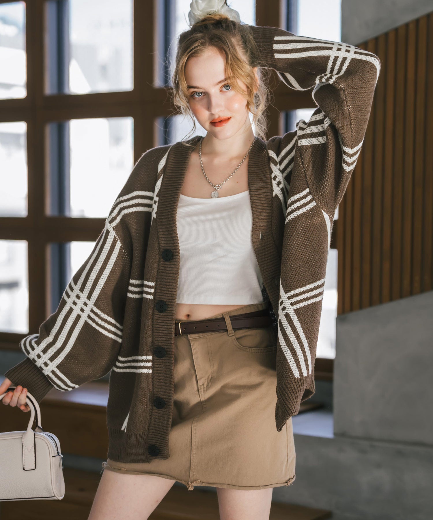 オーバーサイズ総柄Vネックボリュームニットカーディガン アーガイル柄 チェック柄 15484