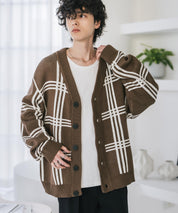 オーバーサイズ総柄Vネックボリュームニットカーディガン アーガイル柄 チェック柄 15484