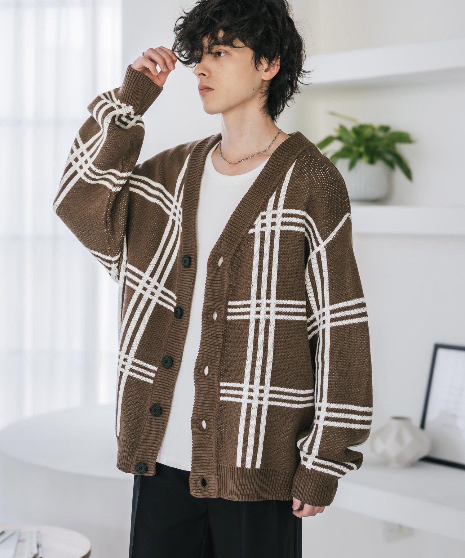 オーバーサイズ総柄Vネックボリュームニットカーディガン アーガイル柄 チェック柄 15484