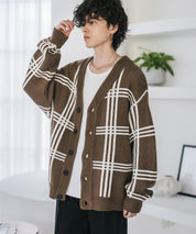 オーバーサイズ総柄Vネックボリュームニットカーディガン アーガイル柄 チェック柄 15484