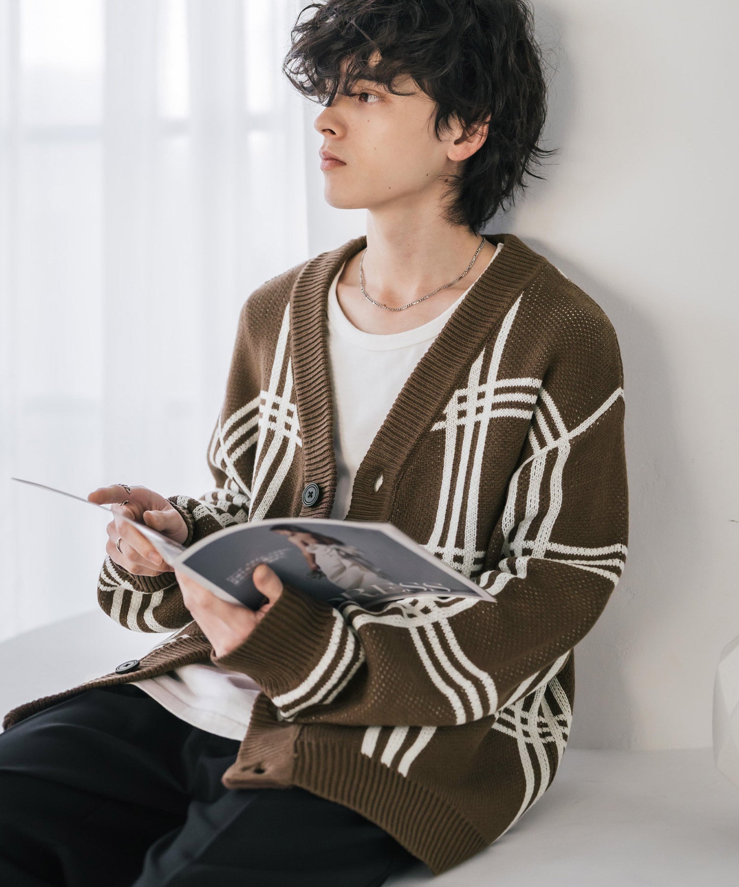 オーバーサイズ総柄Vネックボリュームニットカーディガン アーガイル柄 チェック柄 15484