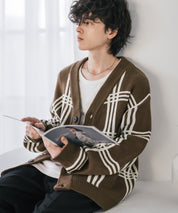 オーバーサイズ総柄Vネックボリュームニットカーディガン アーガイル柄 チェック柄 15484