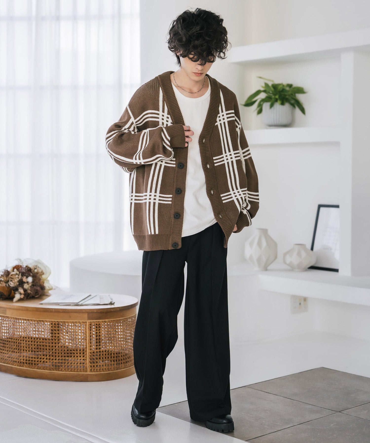 オーバーサイズ総柄Vネックボリュームニットカーディガン アーガイル柄 チェック柄 15484