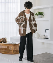 オーバーサイズ総柄Vネックボリュームニットカーディガン アーガイル柄 チェック柄 15484