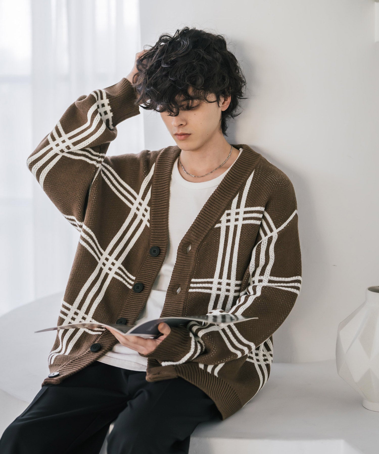 オーバーサイズ総柄Vネックボリュームニットカーディガン アーガイル柄 チェック柄 15484