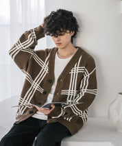 オーバーサイズ総柄Vネックボリュームニットカーディガン アーガイル柄 チェック柄 15484