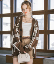 オーバーサイズ総柄Vネックボリュームニットカーディガン アーガイル柄 チェック柄 15484