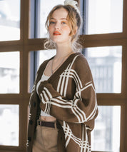 オーバーサイズ総柄Vネックボリュームニットカーディガン アーガイル柄 チェック柄 15484