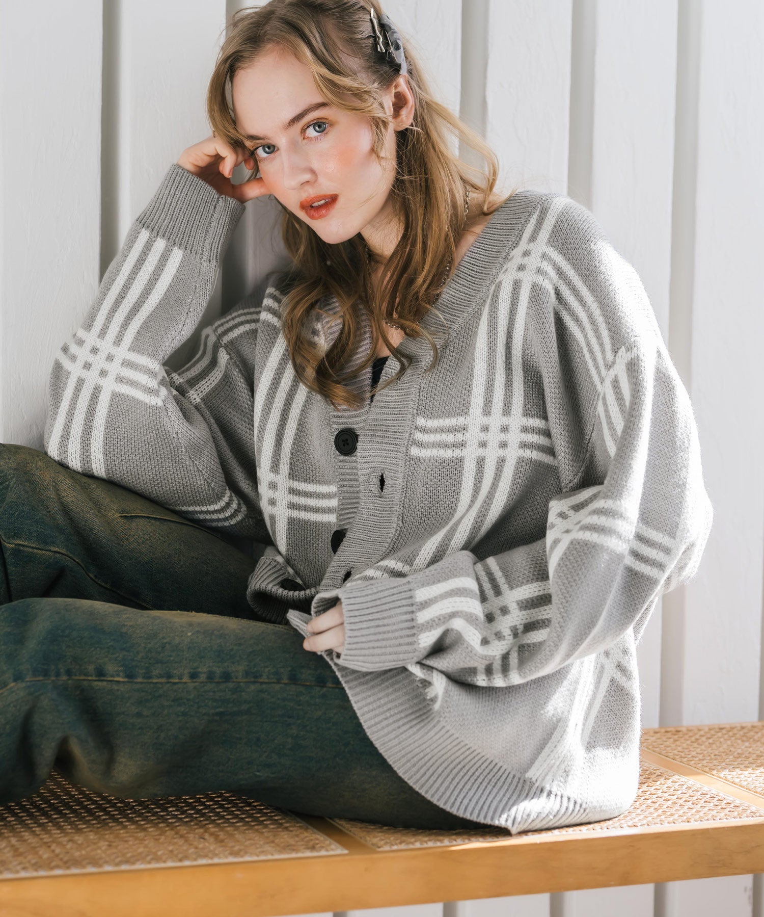 オーバーサイズ総柄Vネックボリュームニットカーディガン アーガイル柄 チェック柄 15484