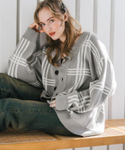 オーバーサイズ総柄Vネックボリュームニットカーディガン アーガイル柄 チェック柄 15484