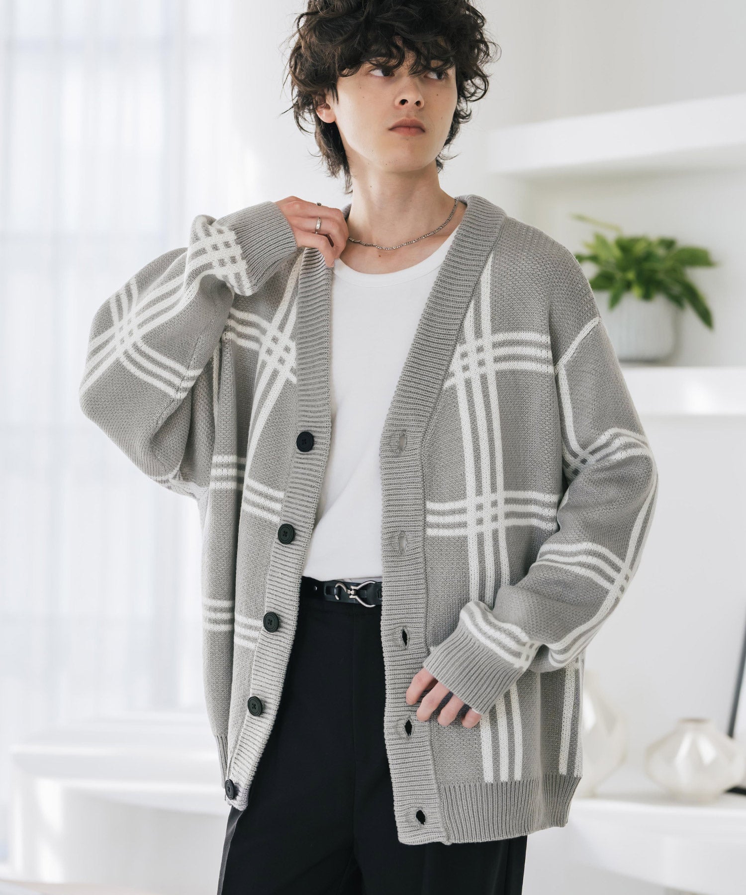 オーバーサイズ総柄Vネックボリュームニットカーディガン アーガイル柄 チェック柄 15484