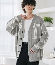 オーバーサイズ総柄Vネックボリュームニットカーディガン アーガイル柄 チェック柄 15484