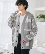 オーバーサイズ総柄Vネックボリュームニットカーディガン アーガイル柄 チェック柄 15484