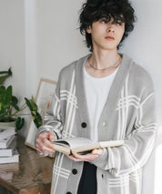 オーバーサイズ総柄Vネックボリュームニットカーディガン アーガイル柄 チェック柄 15484