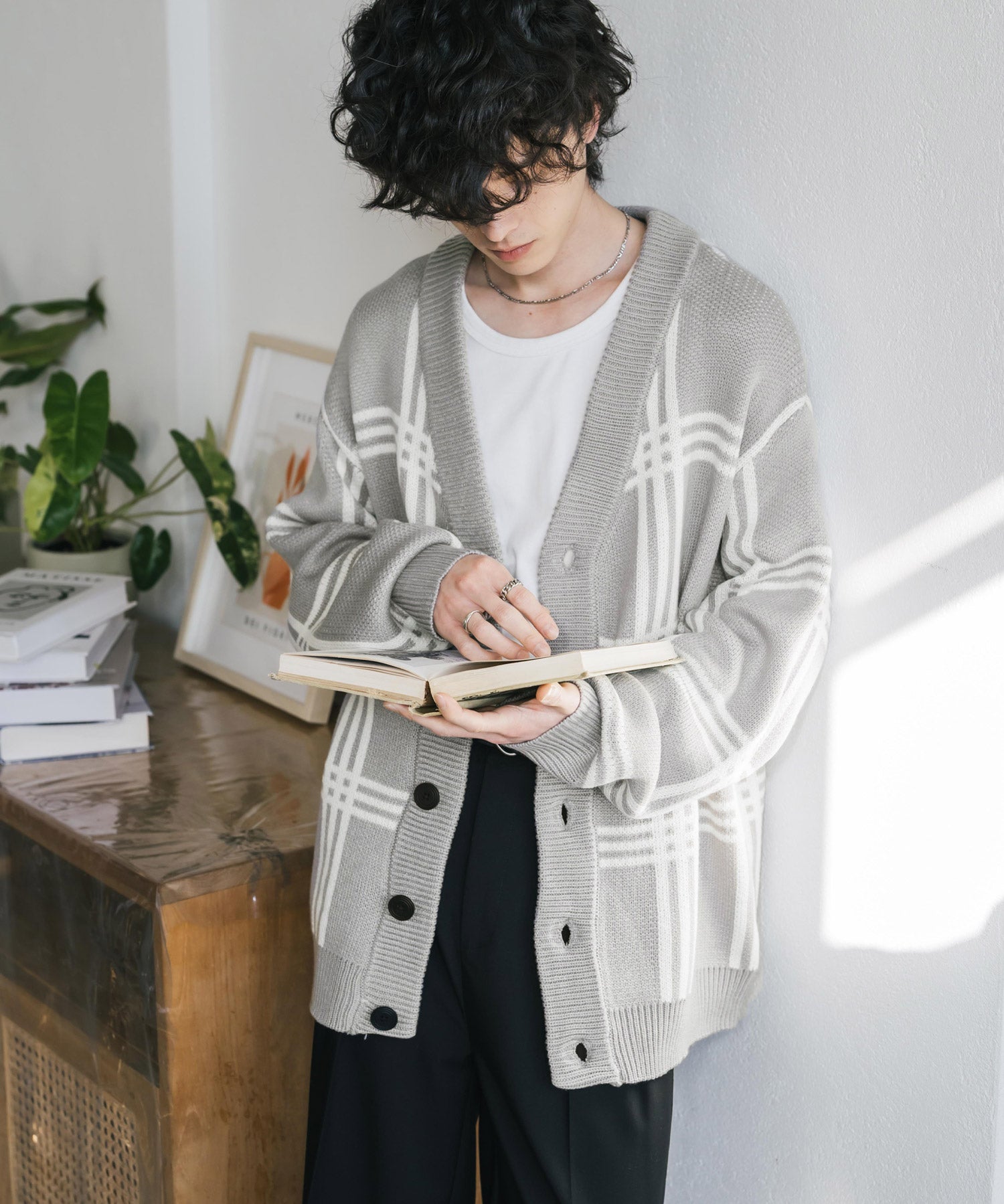 オーバーサイズ総柄Vネックボリュームニットカーディガン アーガイル柄 チェック柄 15484