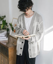 オーバーサイズ総柄Vネックボリュームニットカーディガン アーガイル柄 チェック柄 15484