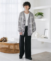 オーバーサイズ総柄Vネックボリュームニットカーディガン アーガイル柄 チェック柄 15484