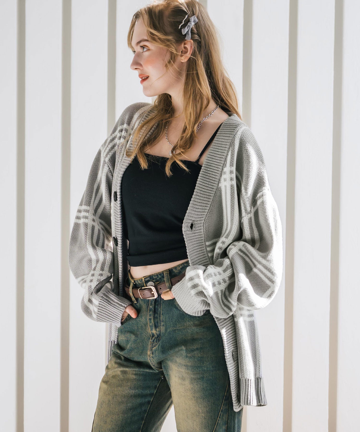 オーバーサイズ総柄Vネックボリュームニットカーディガン アーガイル柄 チェック柄 15484