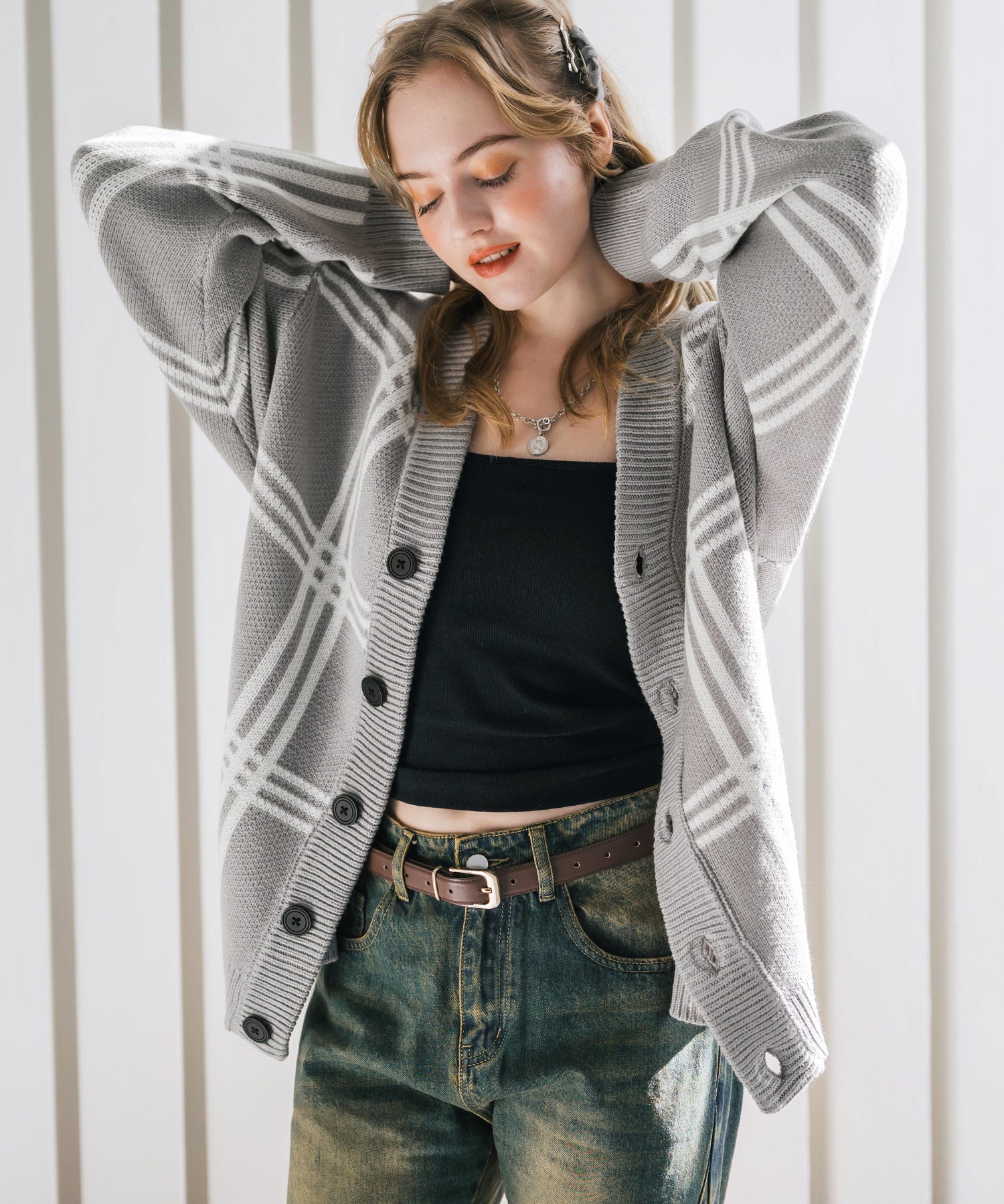 オーバーサイズ総柄Vネックボリュームニットカーディガン アーガイル柄 チェック柄 15484