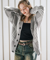 オーバーサイズ総柄Vネックボリュームニットカーディガン アーガイル柄 チェック柄 15484