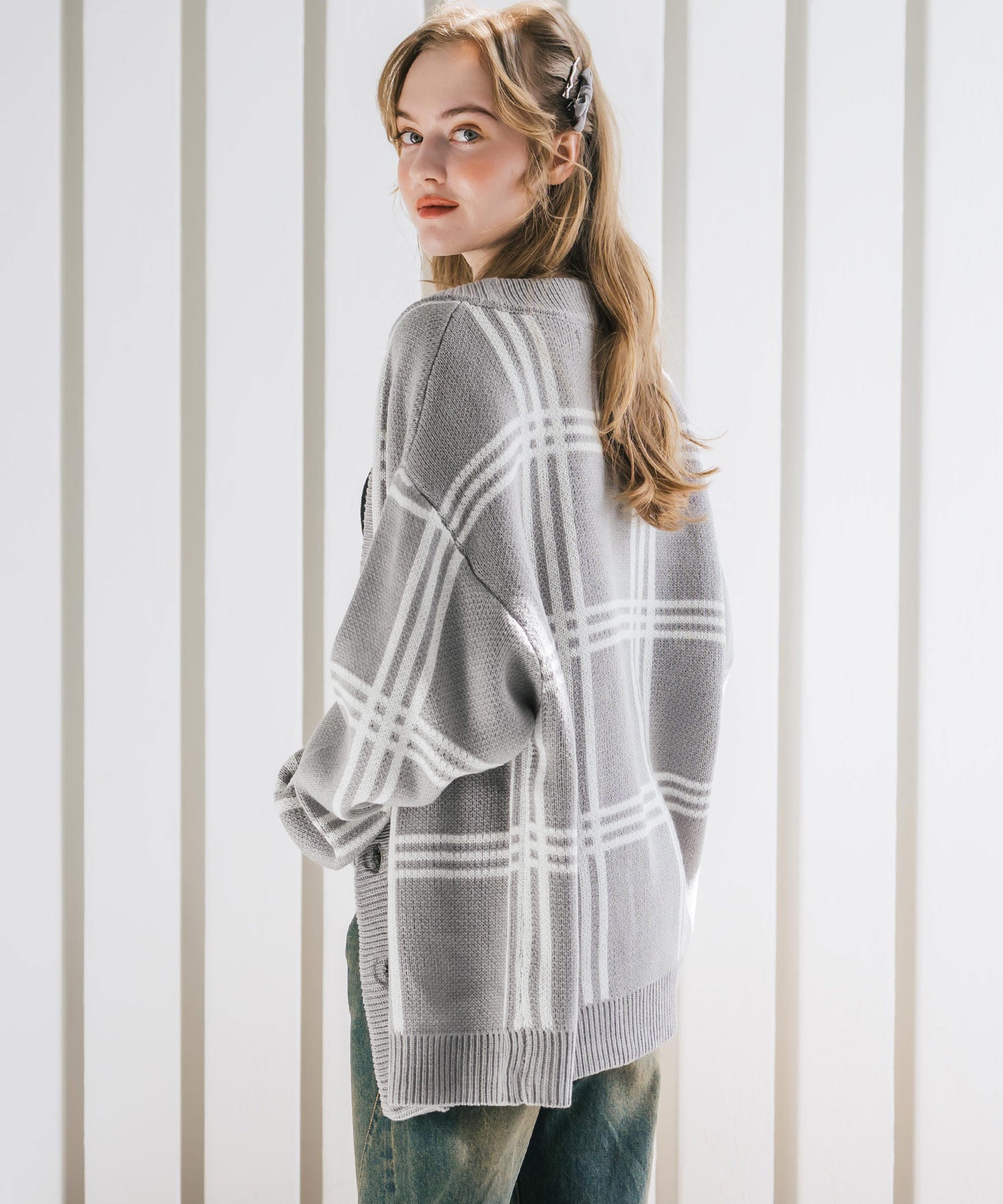 オーバーサイズ総柄Vネックボリュームニットカーディガン アーガイル柄 チェック柄 15484